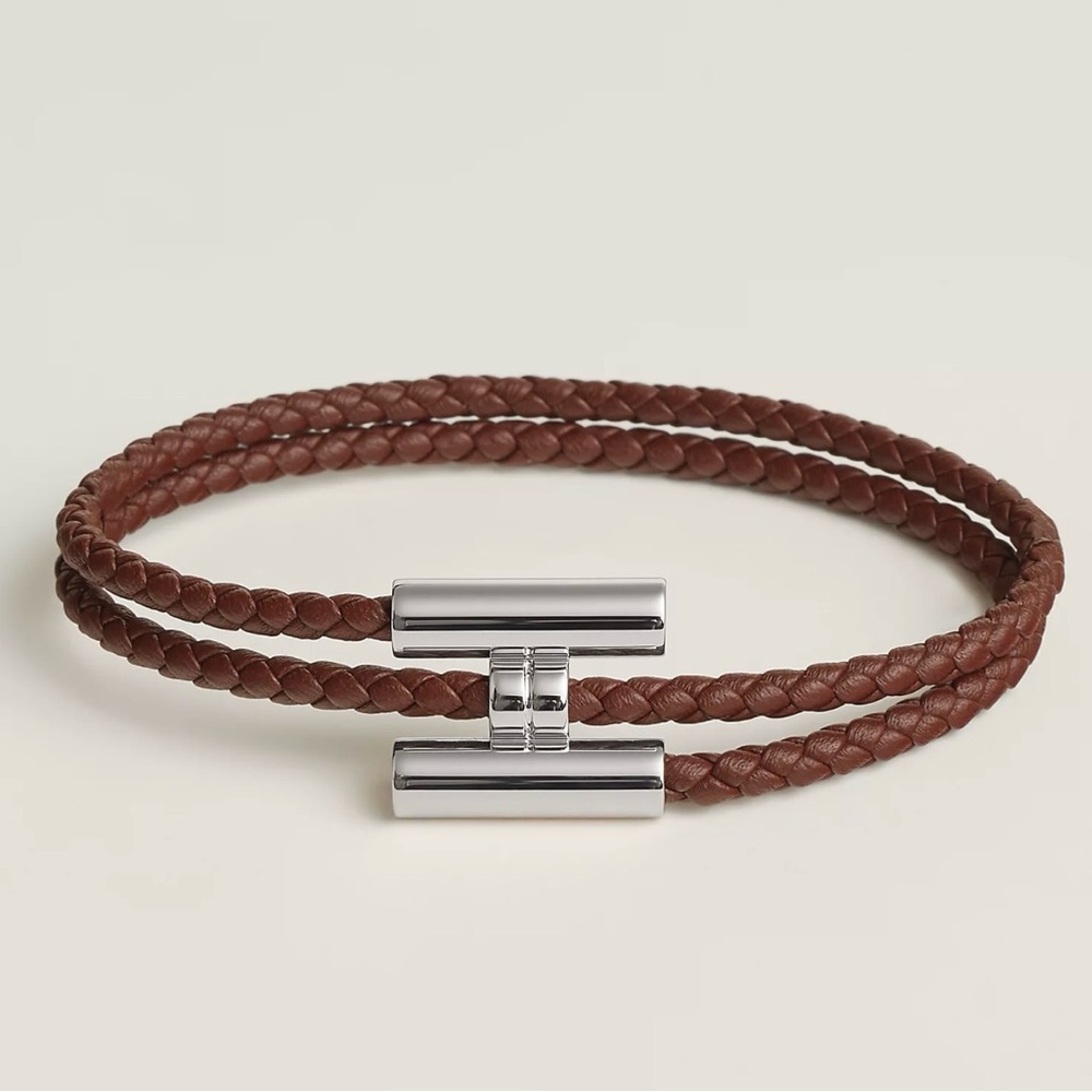 Hermes Brown Braided Leather Double Wrap Bracelet with Silver-Tone Clasp